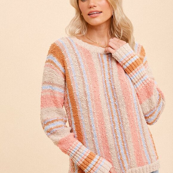 HEM & THREAD Multicolor Striped Knit Sweater Long Sleeve Soft Boho Casual - Picture 3 of 7